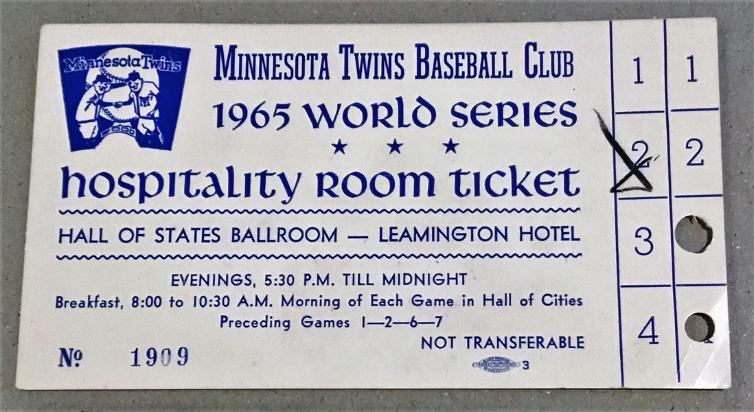 1965 WORLD SERIES HOSPITALITY ROOM PASS- TWINS ISSUE