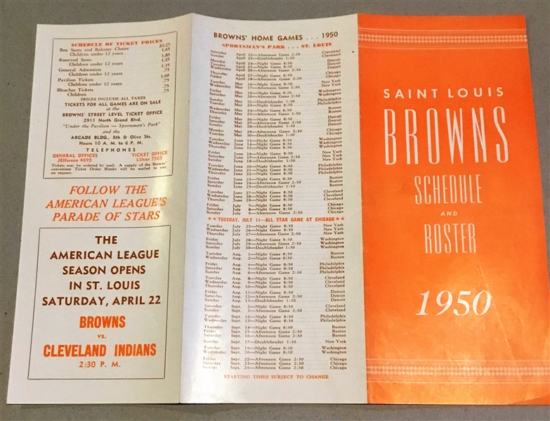 1950 ST. LOUIS BROWNS SCHEDULE & ROSTER BOOKLET w/MAILING ENVELOPE