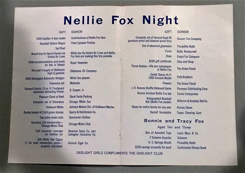1959 CHICAGO WHITE SOX NELLIE FOX NIGHT PROGRAM w/INSERT