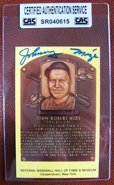 JOHNNY MIZE SIGNED HOF POST CARD - CAS SEALED & AUTHENTICATED