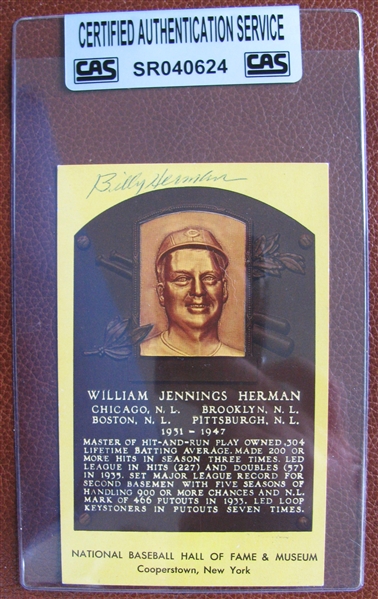 BILLY HERMAN SIGNED HOF POST CARD - CAS SEALED & AUTHENTICATED