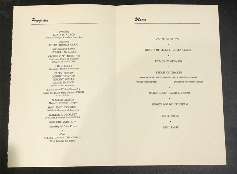 1955 BROOKLYN DODGERS WELCOME HOME DINNER PROGRAM