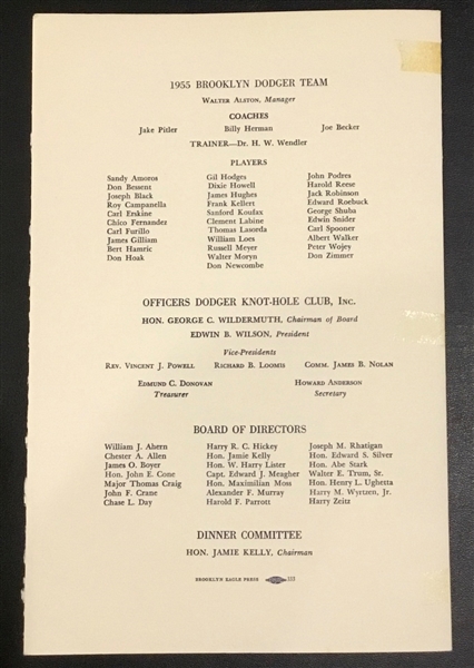 1955 BROOKLYN DODGERS WELCOME HOME DINNER PROGRAM