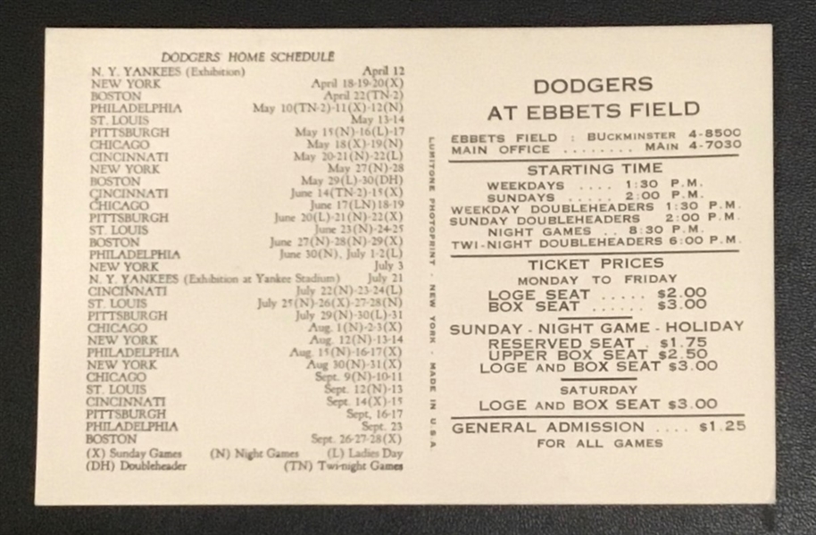 1952 DUKE SNIDER BROOKLYN DODGERS SCHEDULE CARD- HTF