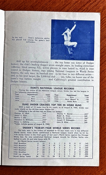 1960 DUKE SNIDER NIGHT SOUVENIR BOOKLET