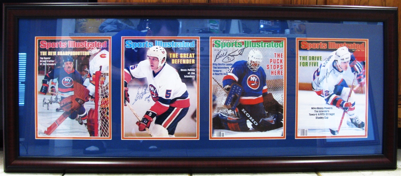 NY ISLANDERS GREATS  SIGNED SPORTS ILLUSTRATED DISPLAY - TROTTIER - POTVIN - SMITH & BOSSY w/CAS COA