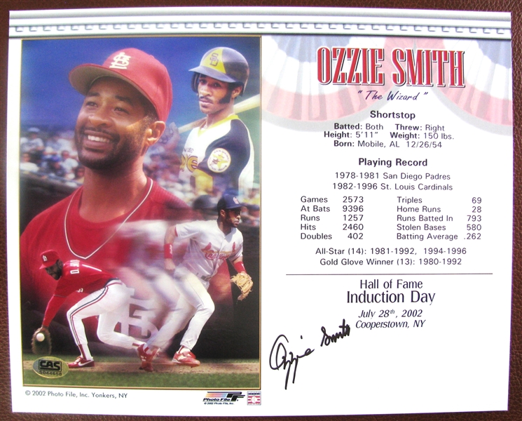 OZZIE SMITH SIGNED 8 x 10 PHOTO w/CAS COA