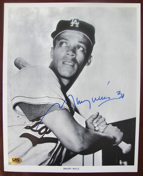 MAURY WILLS #30 SIGNED 8 x 10 PHOTO w/CAS COA