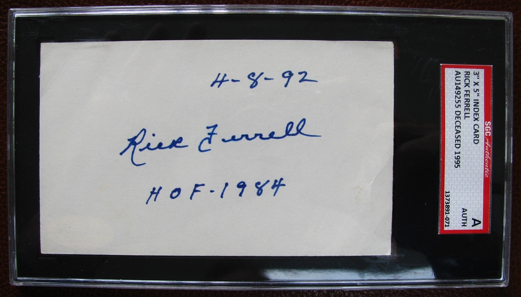 RICK FERRELL HOF 1984 SIGNED 3X5 INDEX CARD - SGC SLABBED & AUTHENTICATED