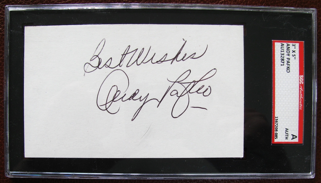 ANDY PAFKO BEST WISHES SIGNED 3X5 INDEX CARD - SGC SLABBED & AUTHENTICATED