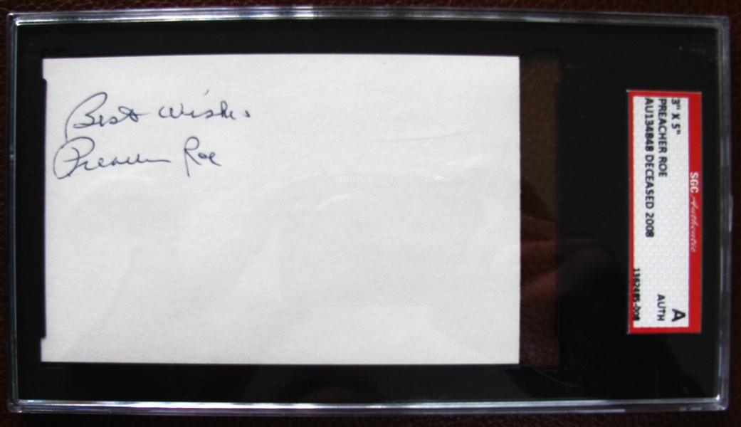 PREACHER ROE BEST WISHES SIGNED 3X5 INDEX CARD - SGC SLABBED & AUTHENTICATED