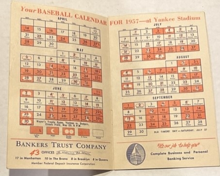 1957 NEW YORK YANKEES SCHEDULE BOOKLET