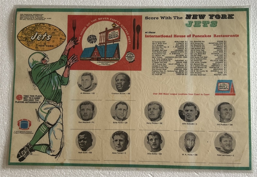 1970 NEW YORK JETS PLACEMAT w/PLAYER PICTURES