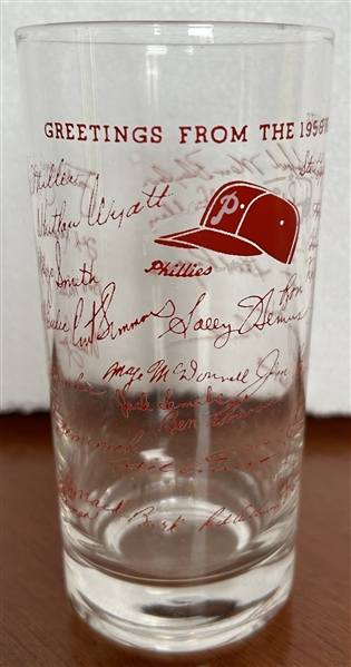 1956 PHILADELPHIA PHILLIES SEASON'S GREETINGS GLASS w/FACSIMILE AUTOGRAPHS