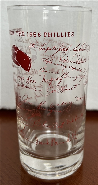 1956 PHILADELPHIA PHILLIES SEASON'S GREETINGS GLASS w/FACSIMILE AUTOGRAPHS