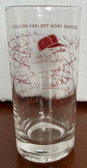 1956 PHILADELPHIA PHILLIES SEASON'S GREETINGS GLASS w/FACSIMILE AUTOGRAPHS