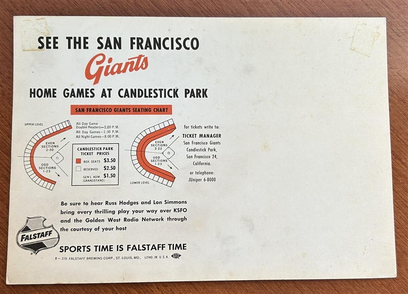 1960 SAN FRANCISCO GIANTS FALSTAFF TEAM PHOTO -1st YEAR @ CANDLESTICK