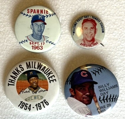 VINTAGE BASEBALL 'SPECIAL DAY PINS- 4 w/BERRA/SPAHN/AARON & WILLIAMS