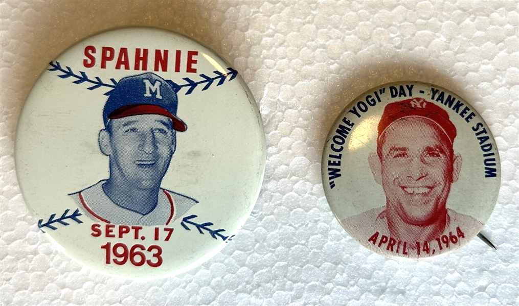 VINTAGE BASEBALL 'SPECIAL DAY PINS- 4 w/BERRA/SPAHN/AARON & WILLIAMS