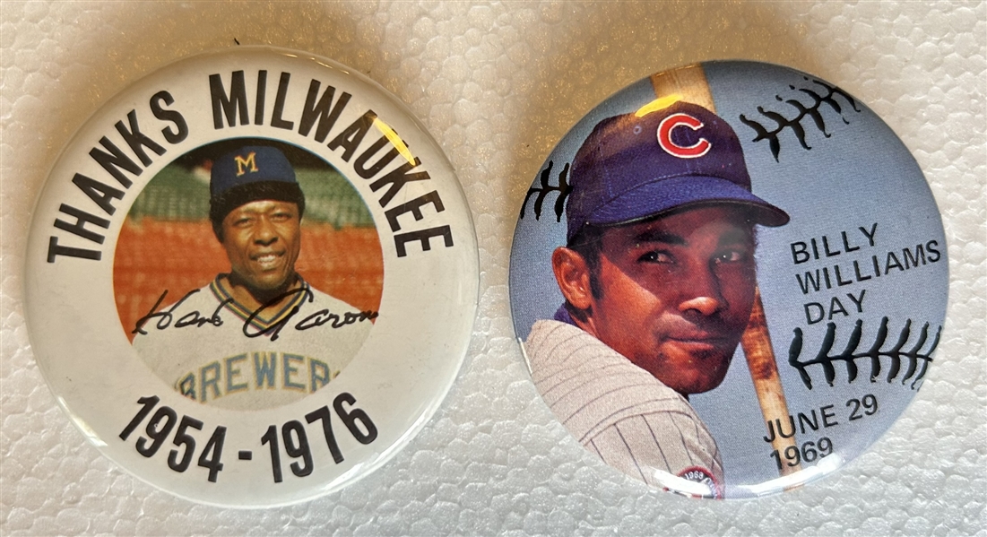 VINTAGE BASEBALL 'SPECIAL DAY PINS- 4 w/BERRA/SPAHN/AARON & WILLIAMS