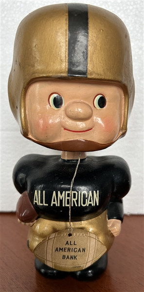 60's ALL-AMERICAN FOOTBALL BOBBING HEAD / BANK w/HANG TAG