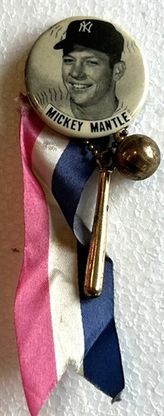 50's MICKEY MANTLE PIN w/RIBBON & ATTACHMENTS