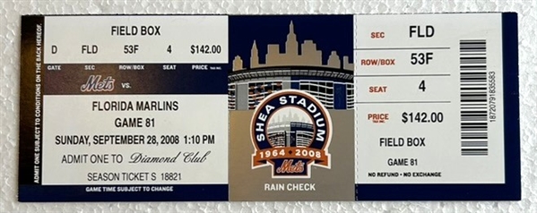 2008 FINAL GAME AT SHEA STADIUM TICKET & PARKING PASS