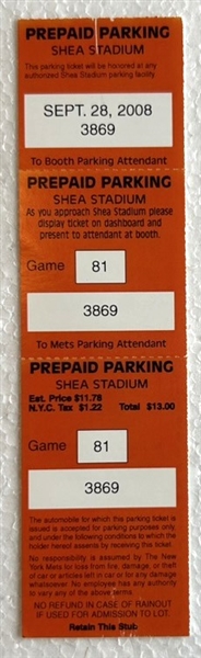 2008 FINAL GAME AT SHEA STADIUM TICKET & PARKING PASS