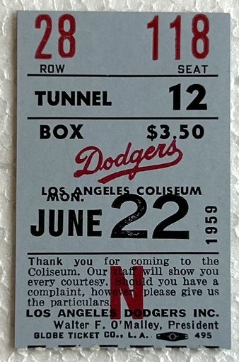 1959 LOS ANGELES DODGERS TICKET STUB- KOUFAX KO's 16