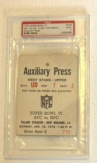 1972 SUPER BOWL VI STADIUM PASS- STAUBACH MVP