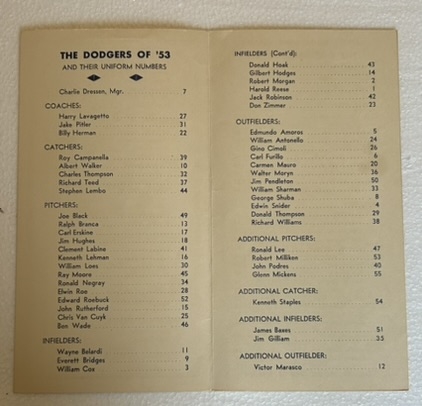 1953 BROOKLYN DODGERS SPRING TRAINING ROSTER BOOKLET