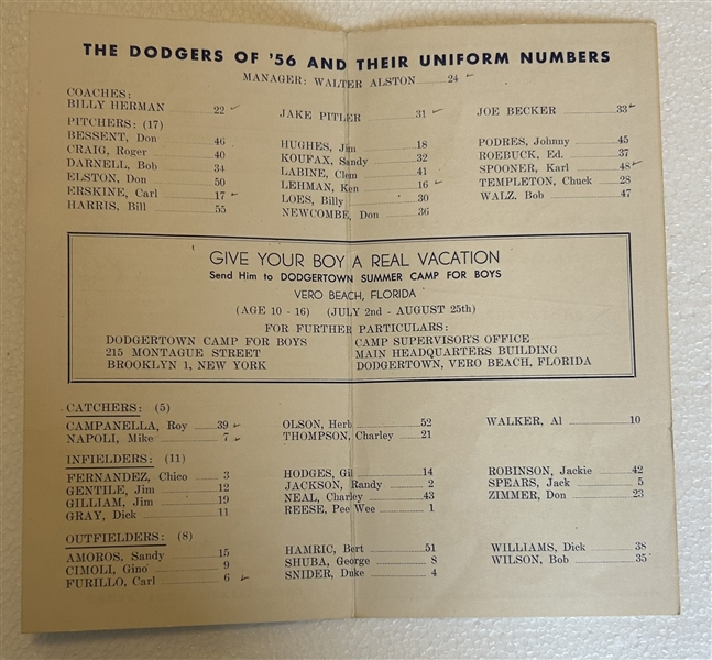 1956 BROOKLYN DODGERS SPRING TRAINING ROSTER BOOKLET