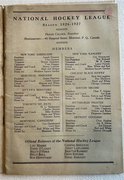 1926-27 NHL NEW YORK AMERICANS PROGRAM 