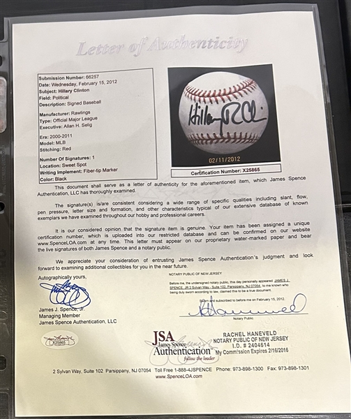 HILLARY CLINTON SIGNED BASEBALL w/JSA LOA