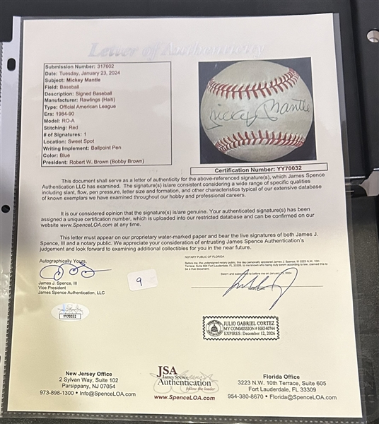 MICKEY MANTLE SIGNED BASEBALL w/JSA LOA