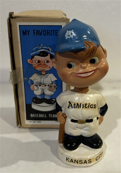 60's KANSAS CITY ATHLETICS mini BOBBING HEAD w/BOX- MOON FACE