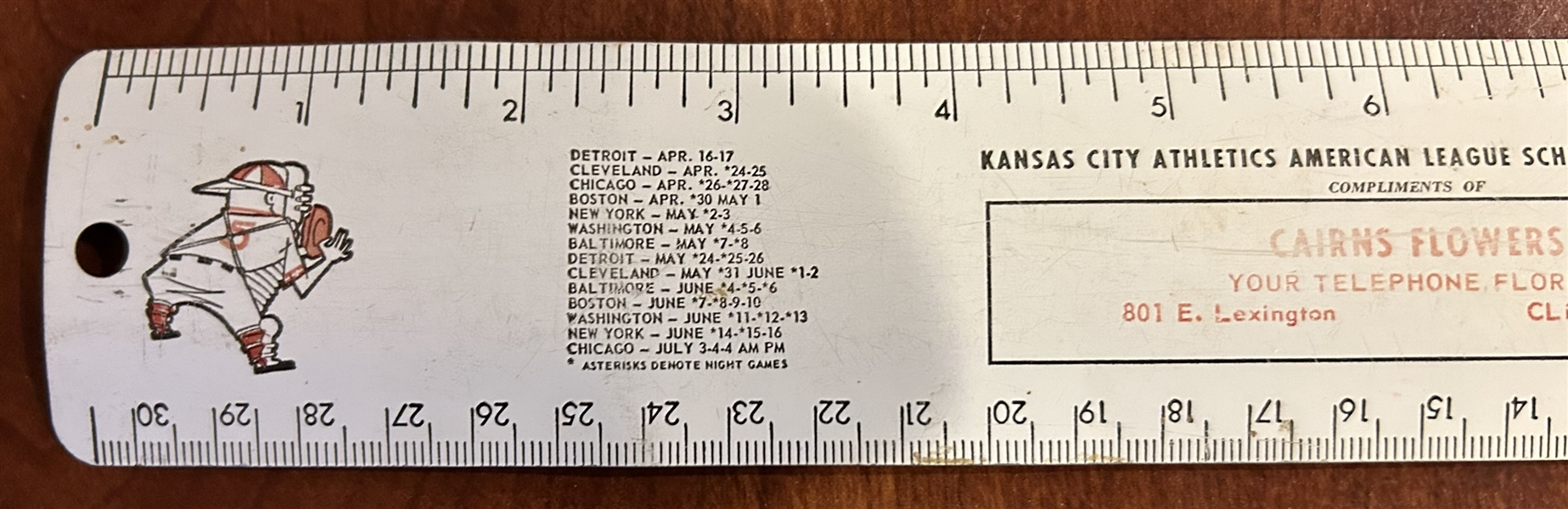 1957 KANSAS CITY ATHLETICS SCHEDULE/RULER