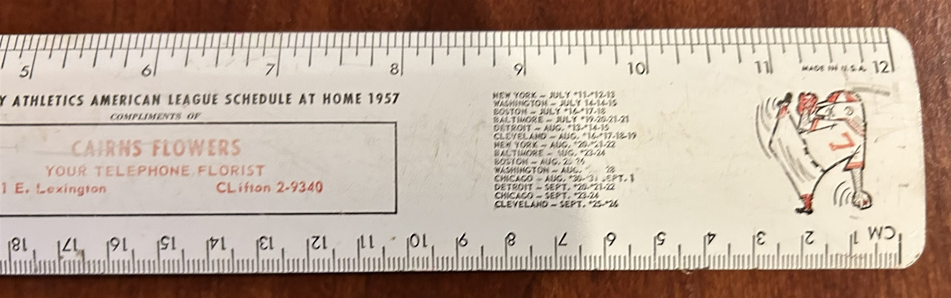 1957 KANSAS CITY ATHLETICS SCHEDULE/RULER