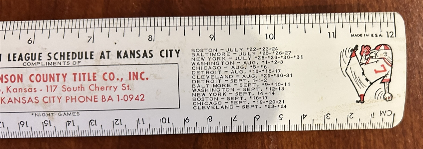 1958 KANSAS CITY ATHLETICS SCHEDULE/RULER