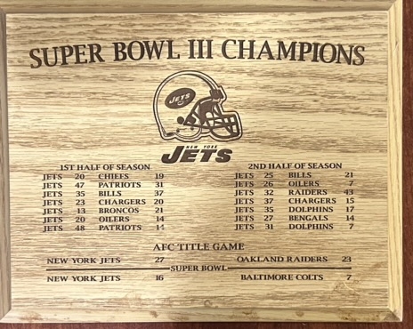 1969 NEW YORK JETS SUPER BOWL III CHAMPIONS PLAQUE