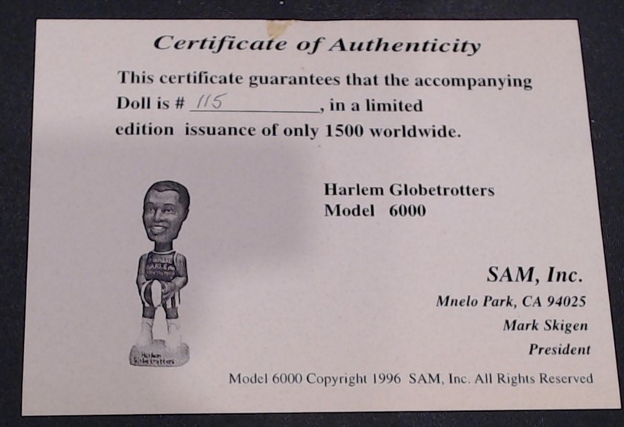 SAMS HARLEM GLOBETROTTER BOBBING HEAD W/ BOX AND COA