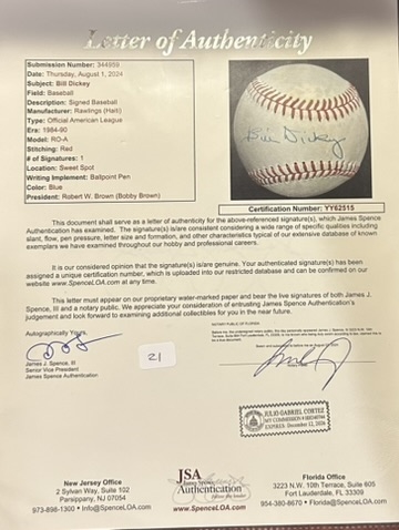 BILL DICKEY SIGNED OAL BASEBALL w/LOA