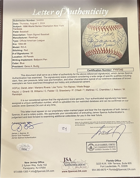 1996 WORLD CHAMPION N.Y. YANKEES TEAM SIGNED BASEBALL w/LOA