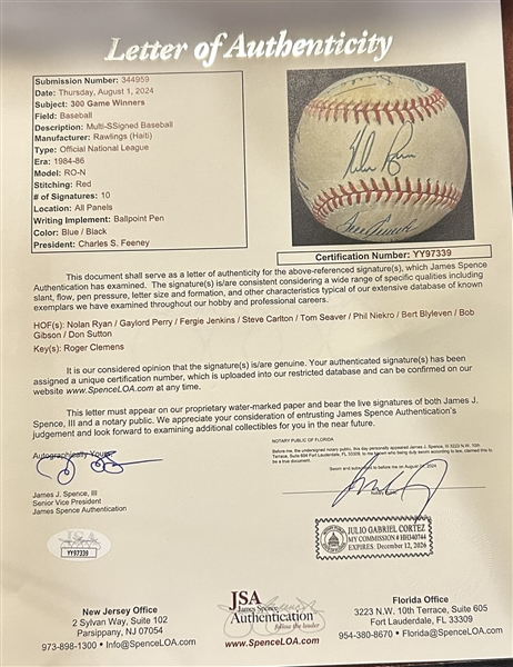 300 WIN SIGNED BASEBALL w/LOA- 10 SIGNATURES - RYAN/SEAVER & MORE