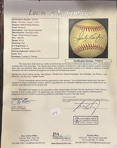 HALL OF FAME PITCHERS SIGNED BASEBALL w/LOA- 10 SIGNEES INCLUDING KOUFAX