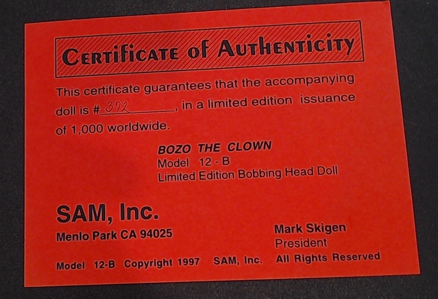 BOZO THE CLOWN SAMA BOBBING HEAD W/ COA AND BOX -RARE /1000