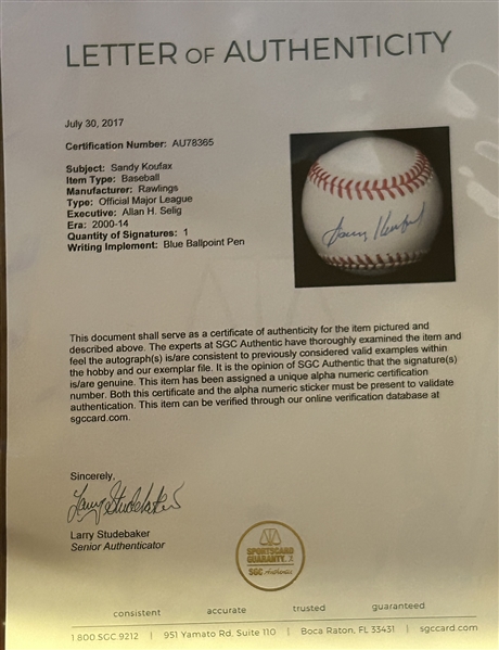 SANDY KOUFAX SIGNED BASEBALL w/LOA