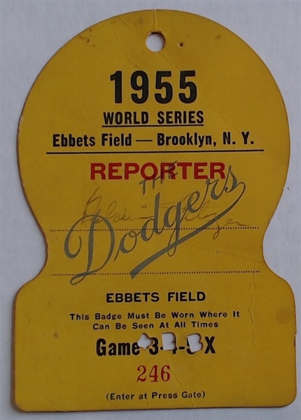 1955 WORLD SERIES YANKEES VS DODGERS PRESS PASS FROM EBBETS FIELD