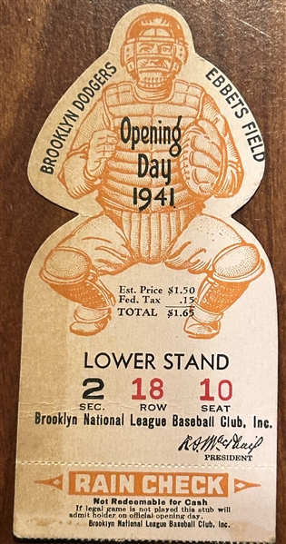 1941 BROOKLYN DODGERS OPENING DAY TICKET STUB