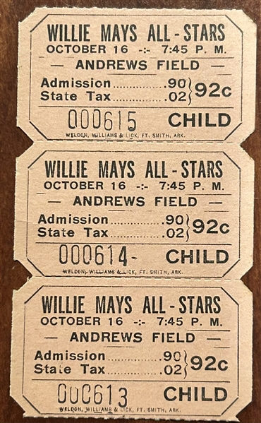 1956 WILLIE MAYS ALL STARS BARNSTORMING TICKETS- 3 UNCUT